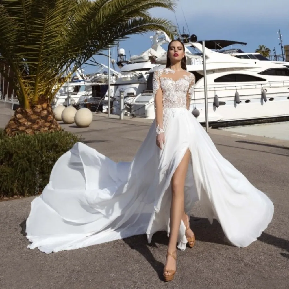 

Simple Design Long Sleeve Chiffon A-Line Wedding Dress Lace Top Front Slit Bridal Gowns Hippie Beach Boho Vestido De Novia