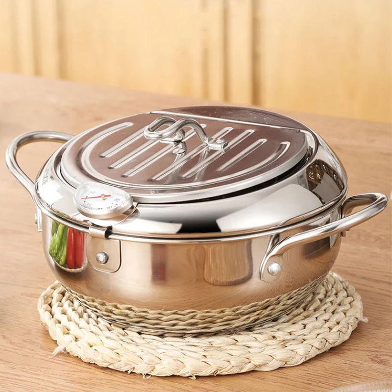 

KONCO Japanese Deep Frying Pot with a Thermometer and Lid,304 Stainless Steel,For French Fries Frying Chicken