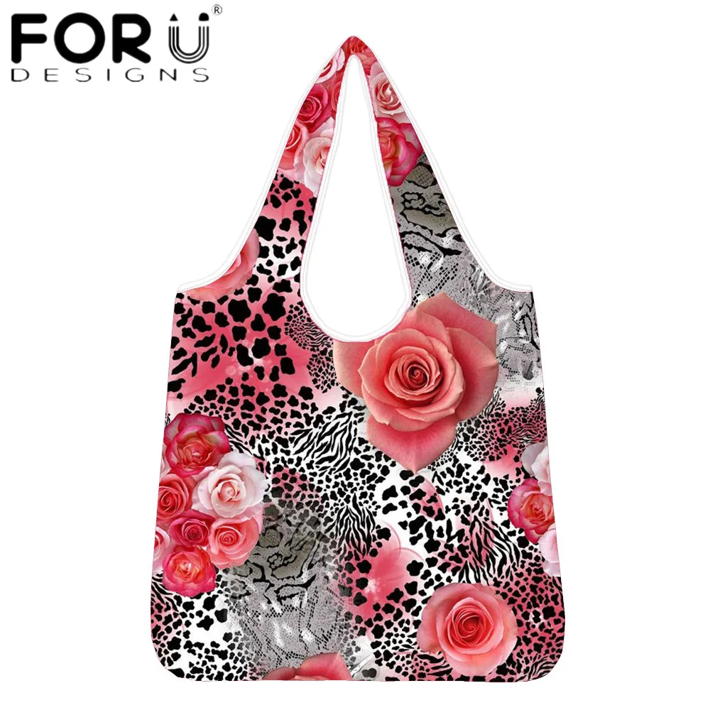 

FORUDESIGNS 2020 New Fashion Eco Friendly Shopper Shoulder Bag Leopard Pattern With Rose Flower Print Women Casual Grocery Bag