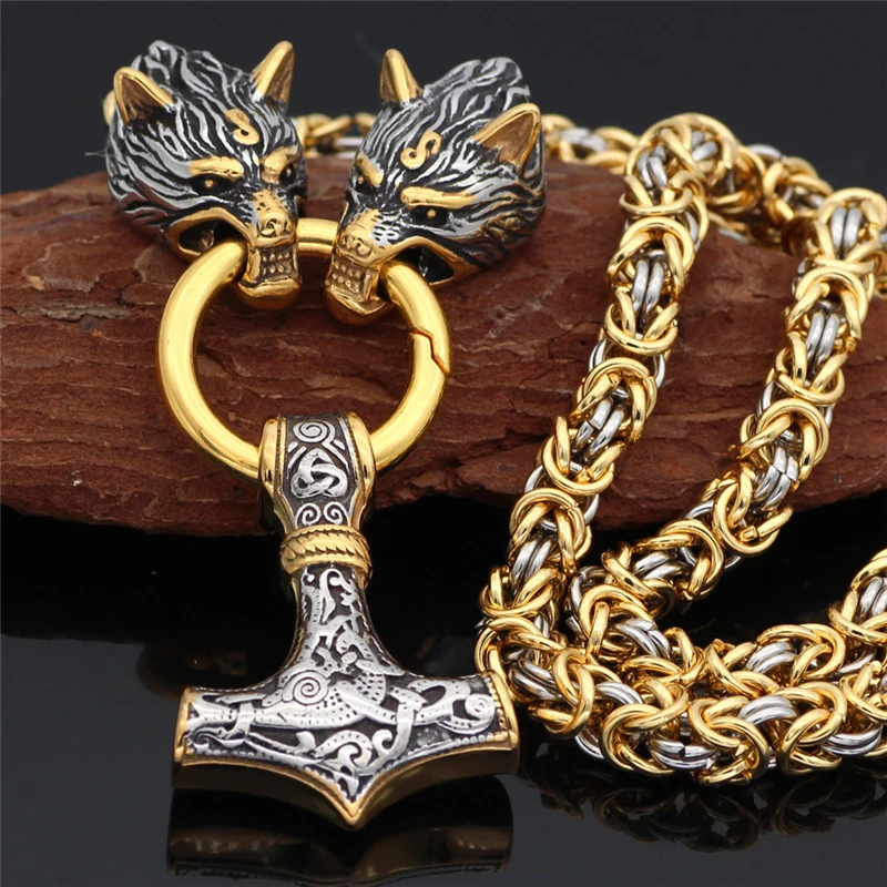 

New Men Stainless Steel Dragon Head Pendant Necklace Norse Viking Amulet Thor Hammer Pendant Necklace Viking King Chain Jewelry