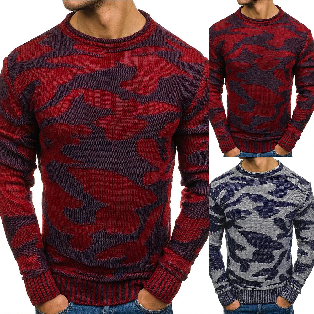 

Slim Camo Knitted Sweaters Long Sleeve Crew Neck Sweater Casual Comfy Tee Tops Jumper Men Vintage Clothes 2021