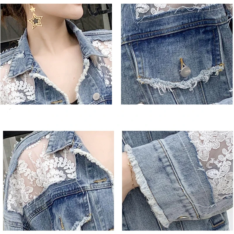 

Women Coat Streetwear Lace Stitching Sexy Denim Jeans Jacket For Women Tassel Loose Jeans Coat Plus Size 3XL Ladies Denim Coat
