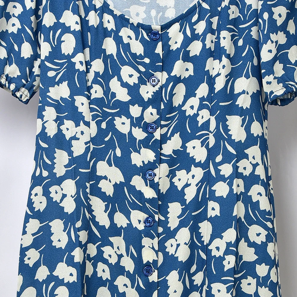 Принтом в стиле ретро для женщин средней длины тонкое платье с буффами на рукавах