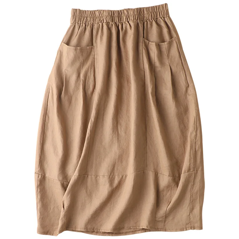 

SHUCHAN Linen Long Skirt Pockets Casual Solid A-LINE Mid-Calf Long Skirts for Women 2021 Skirts for Women Korean Style