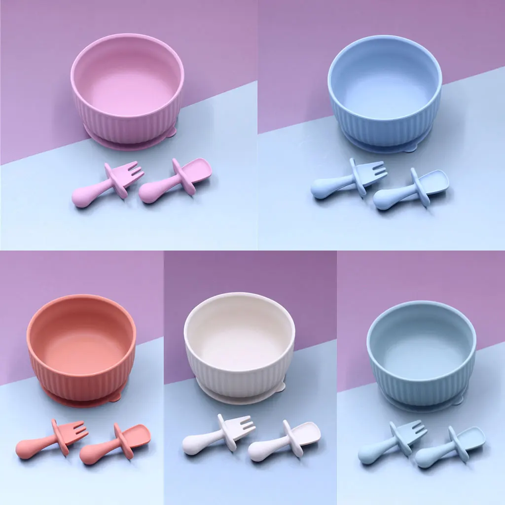 

Silicone Baby Tableware with Suction Cup Toddler Plate Feeding Bowl Fork Spoon Set Training Utensils BPA Free E7CE