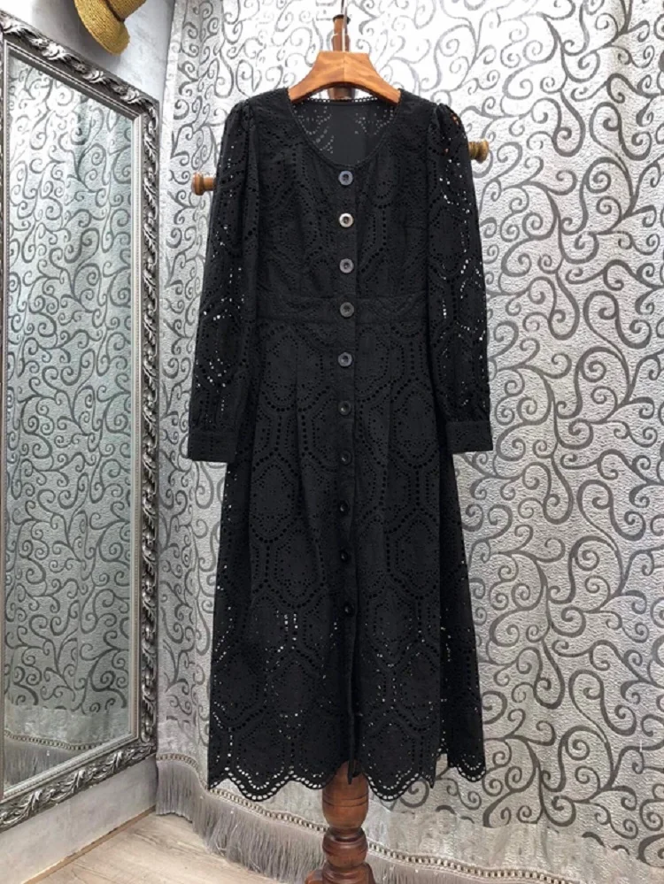 

100%Cotton Lace Dress 2020 Autumn Fashion Party Events Women Allover Crochet Lace Embroidery Buttons Front Long Sleeve Dress XL