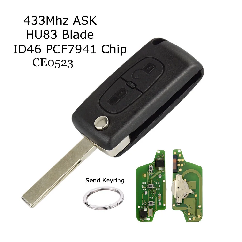 HU83 Blade OkeyTech для peugeot Partner 207 307 308 407 дистанционный флип-ключ с кольцом для ключей 2 кнопки CE0523 433 МГц ID46 PCF7941 чип пустой лезвие - Количество кнопок: HU83 Blade