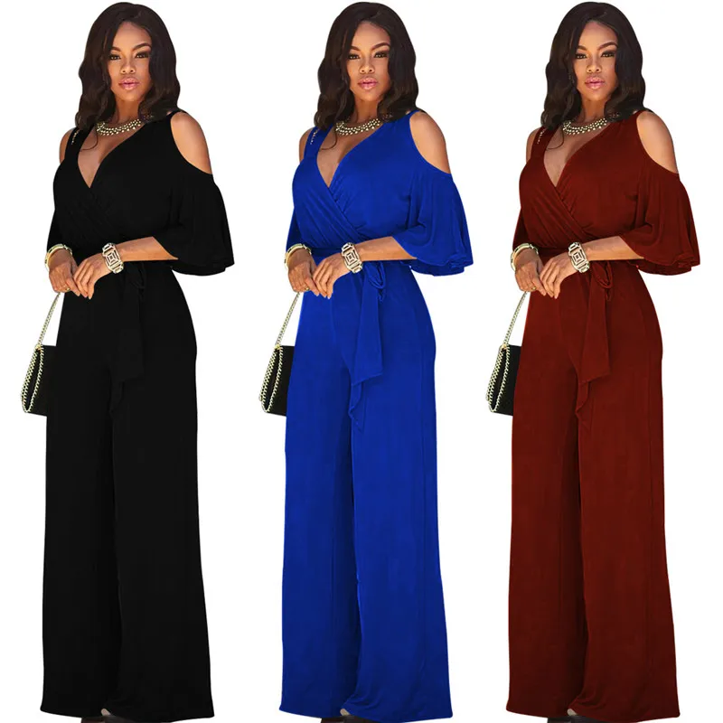 

Black Loose Wide Leg jumpsuits for Women V-neck Hollow Out Short Sleeve Casual Elegant Romper Overalls Combinaison Femme