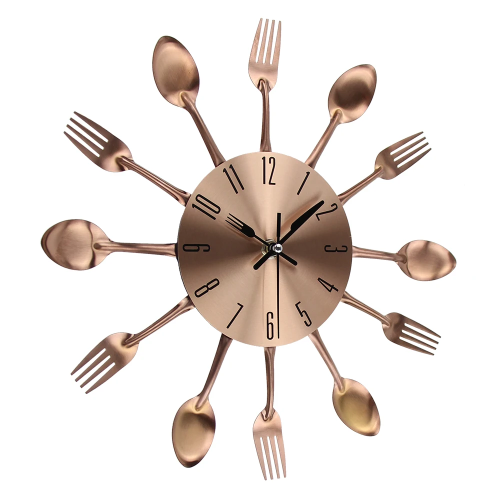 Cutlery Kitchen Wall Clock Noiseless Stainless Steel Cutlery Clocks Knife and Fork Spoon Wall Clock Kitchen Home Decor Red