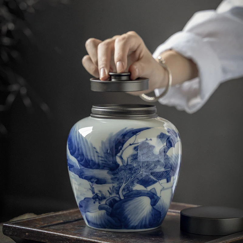 

Chinese Style Tea Caddy Tea Container Candy Nut Sealed Storage Blue And White Porcelain Jar Art Ceramic Storage Jar Home Decor