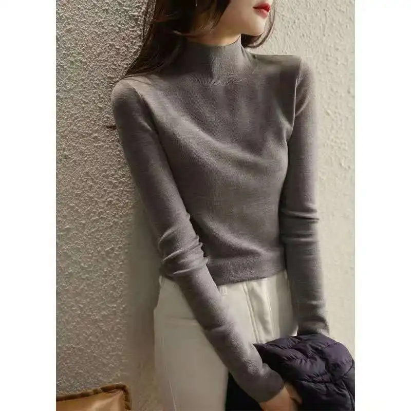 

Новинка осенне-зимний свитер с высоким воротником Женский вязаный однотонный Универсальный пуловер с длинным рукавом свитера облегающие Т...