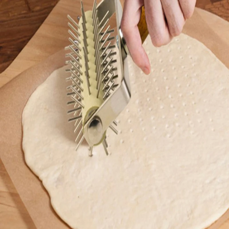 

Stainless Steel Wheel Pizza Bread Punches Roller Pie Pastry Dough Pitter Durable Wooden Handle Bakeware