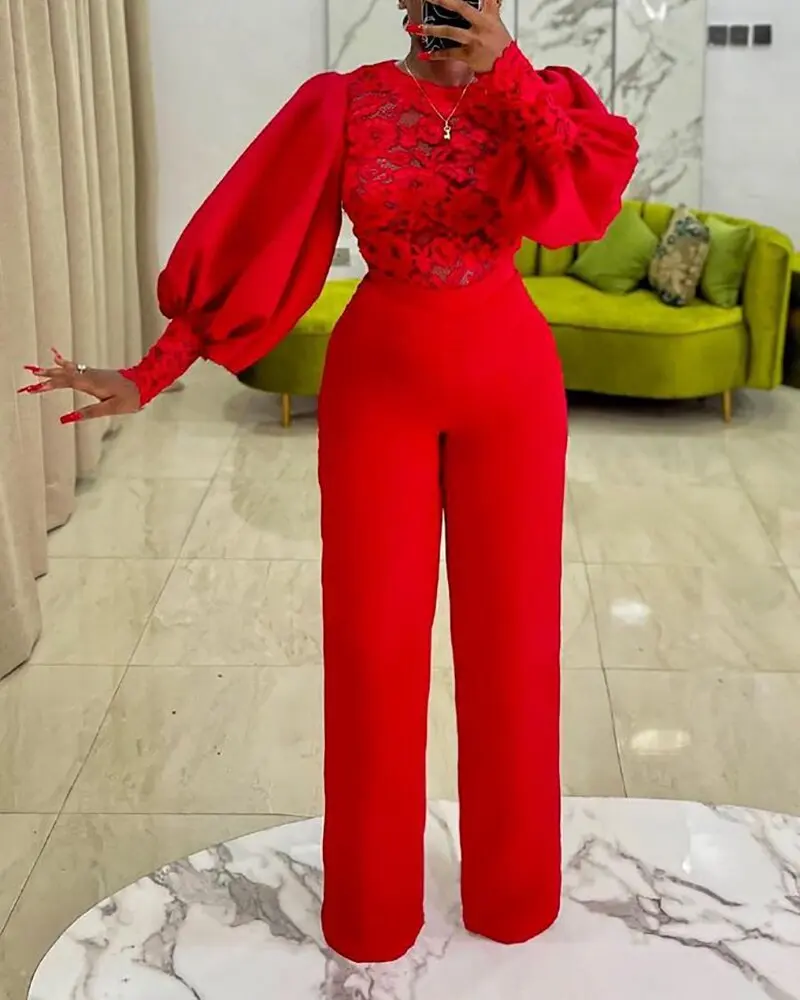 

Ladies elegant solid color jumpsuits Ladies hollow lace stitching sexy fashion prom jumpsuit fashion 2021 fall