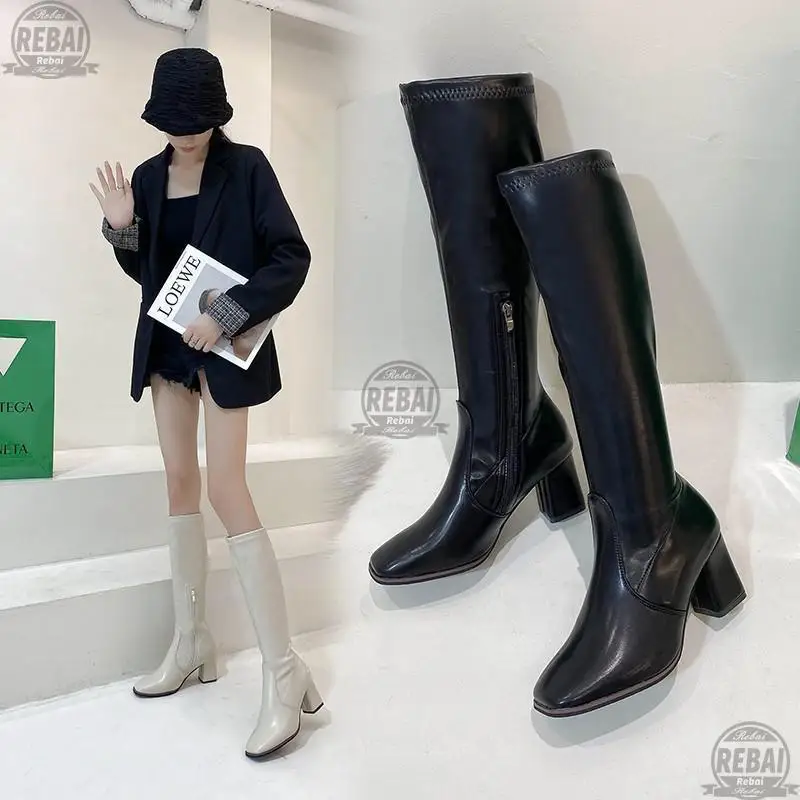 

2021 Winter Sexy Knee Boots Tight Stovepipe Knight Suede Round Toe Combat For Women Trend Velvet Warm Women's Zapatos Mujer