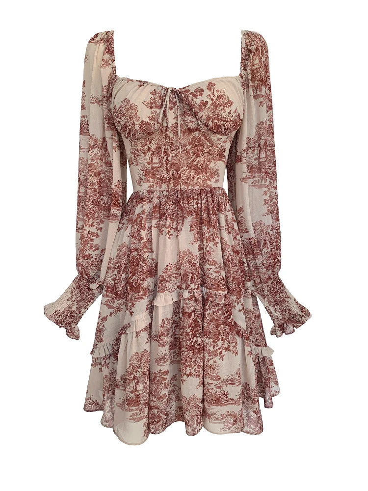 

Vintage Square Collar Floral Printed Dress Fashion Puff Sleeve Chiffon Woman Clothes Elegant A Line Party Vetement Femme 2021