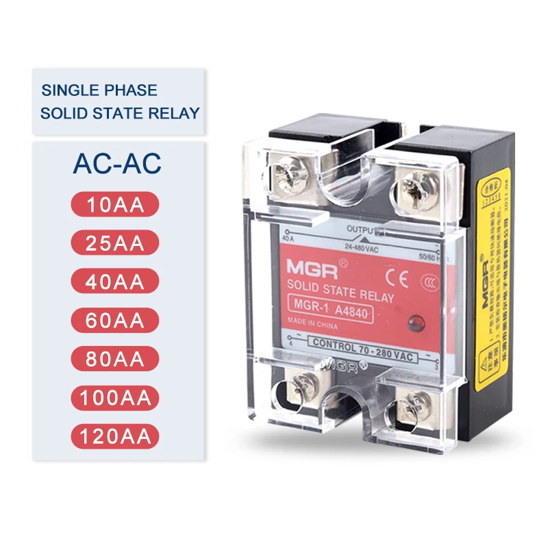 

SSR MGR AC Control AC Single phase Solid State Relay 10A-120A Relay Module 70-280V AC Input 24-480V AC Output Solid State Relay