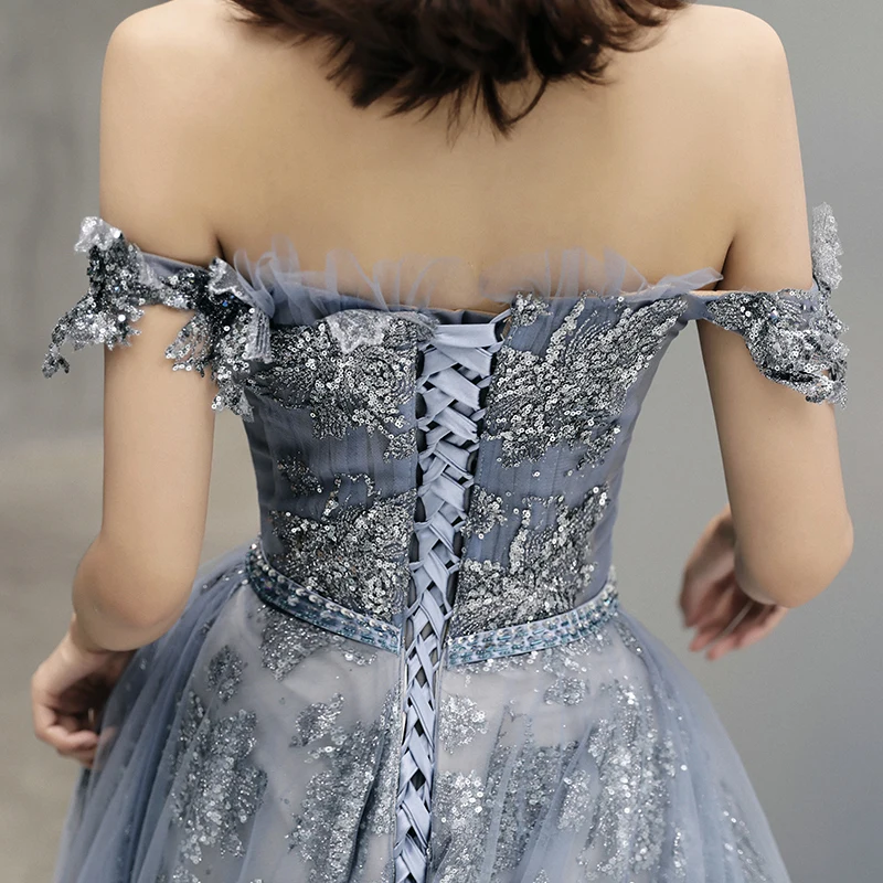 

SSYFashion New Luxury Grey Evening Dress Banquet Elegant Boat Neck Sweep Train Sequins Appliques Long Formal Gown Vestidos