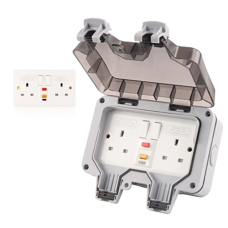 

IP66 UK Standard Weatherproof Waterproof RCD TYPE Outdoor Wall Socket With Switch 13A Plug Power Double Outlet Panel Switch