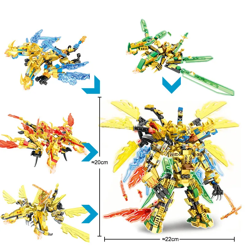 

4in1 Ninja Golden Warrior Robot Mech 2 Heads Flying Dragons Set Robot Figures Building Blocks Toys For Children Boys Xmas Gifts