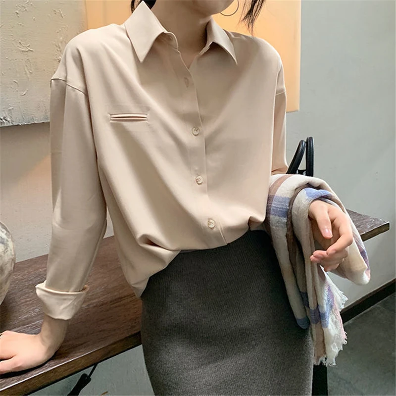 

Spring Autumn Korean Women Caramel Chiffon Shirt Turn Down Collar Single Breasted Blouses Work Wear Lace Clothes Office Lady Top