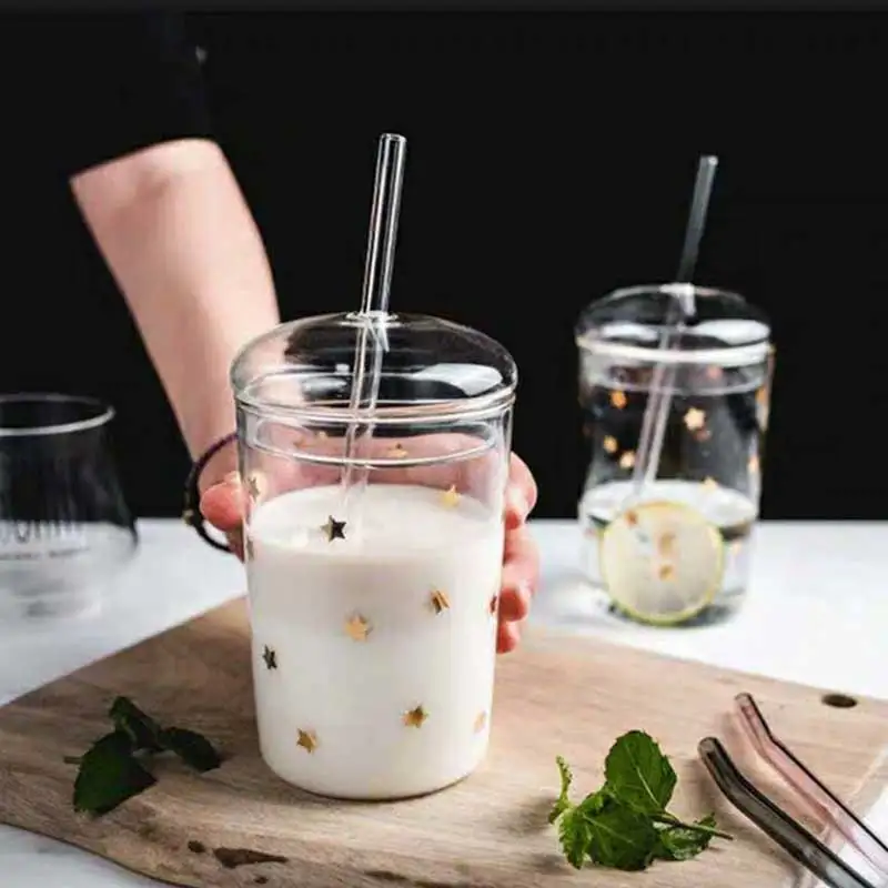 

460ml Heat Resistant Glass Cup Transparent Coffee Mug With Lid&Straw Home Milk Juice Flower Tea Cup Travel Mug Drinking Glass