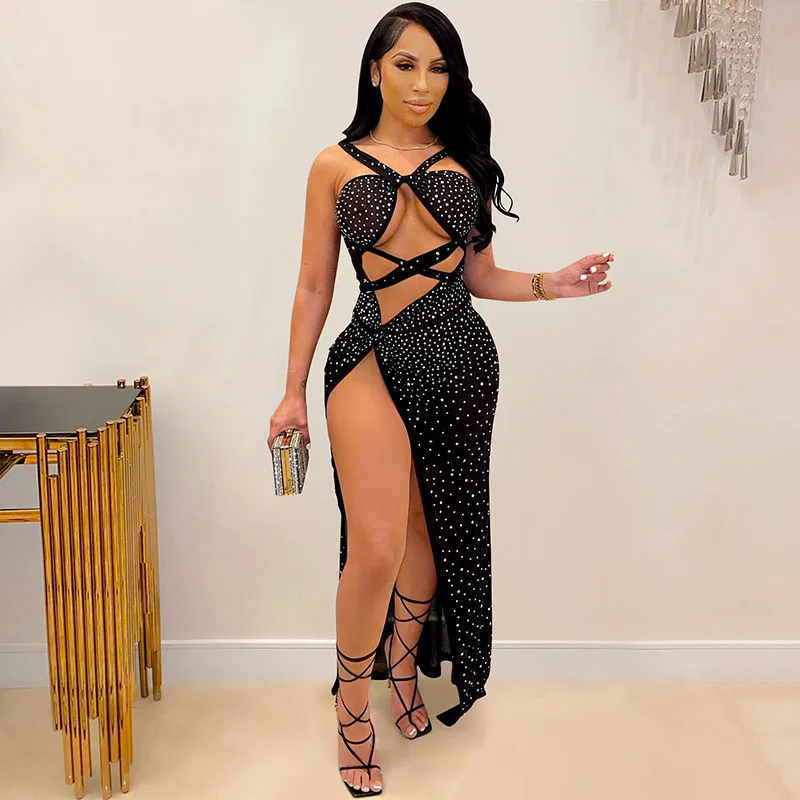 

Сексуальное блестящее платье-макси разы с высоким разрезом, Женская Клубная одежда, длинное платье для новечерние НКИ, Сетчатое прозрачное Бандажное платье с открытой спиной для дня рождения
