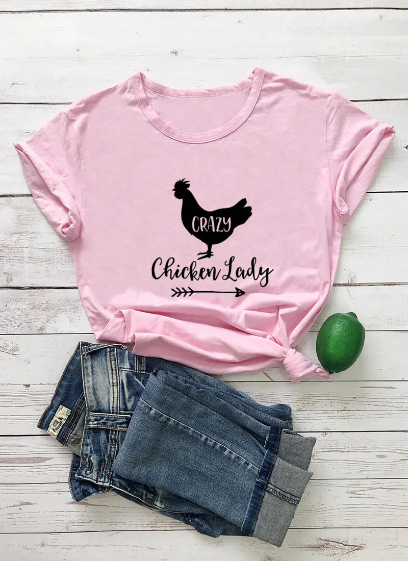 Crazy Chicken Lady/Новое поступление, женская летняя забавная Повседневная футболка из хлопка с принтом фермера, подарок на день матери, деревенская рубашка - Цвет: pink-black text