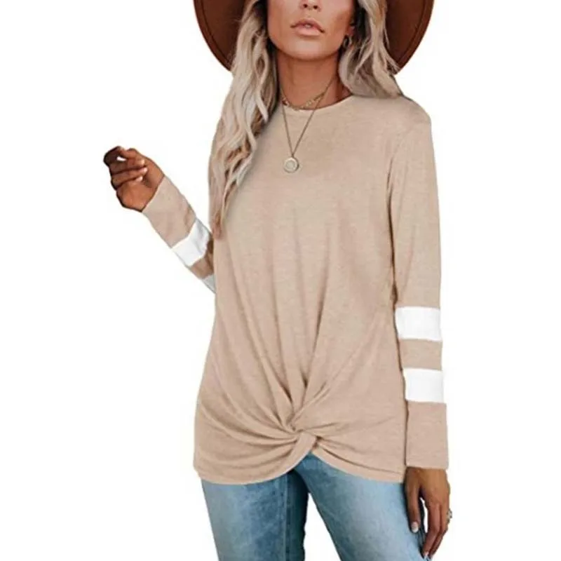 

Stripe Contrast Color O Neck Long Sleeve Knotted Casual T Shirt Women Loose Midi Length Streetwear Plus Size Tops Tee Shirts