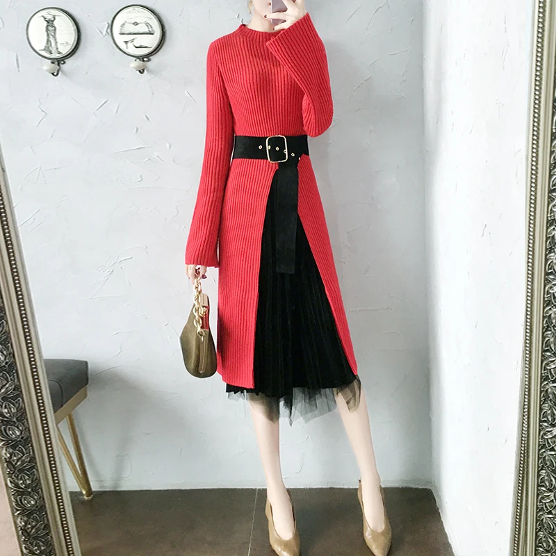 Модное женское трикотажное платье новинка женский красный свитер и сетчатая