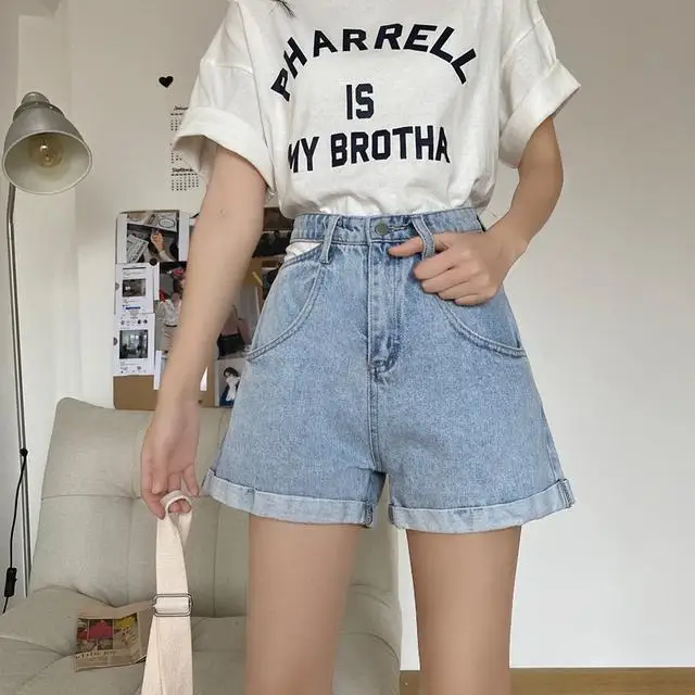 

Summer new Hong Kong style high waist thin curled denim shorts women's Korean style hollow out straight leg hot pants fashion