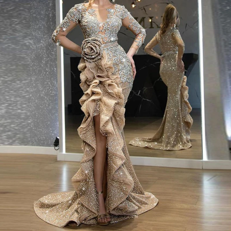 

Sexy Party Women Dress Sheath Empire Lace Floor-Length Sprinkle Gold With Long Sleeves Maxi Dresses Vestidos 2021 New Dresses