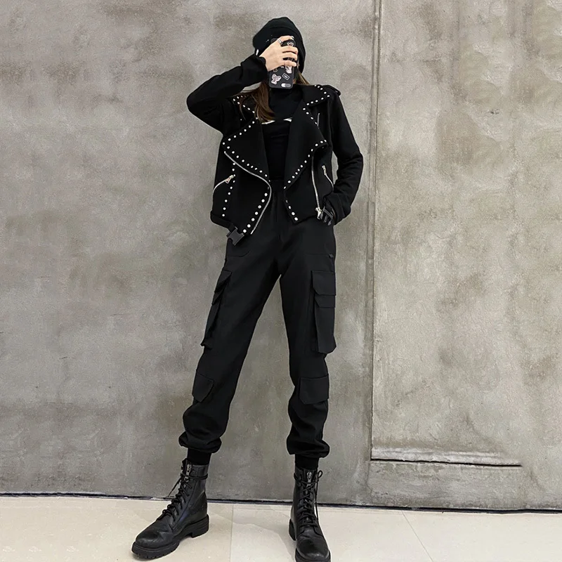 

Loose Fit Rivet Zipper Black Thick Short Jacket New Lapel Long Sleeve Women Coat Fashion Tide Autumn Winter 2021 1DD1234