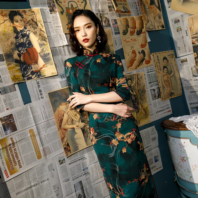 Для женщин зеленый цветочный Qipao Сексуальная Высокая Чонсам с высоким разрезом