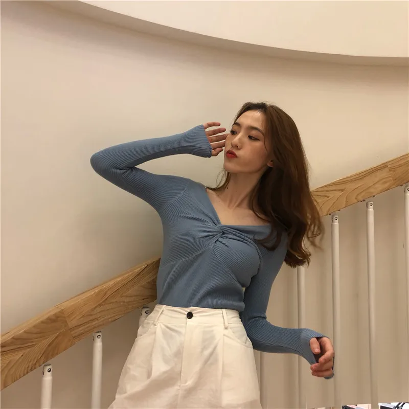 

Femmes col en v tricot pleine manches Criss-Cross pulls pulls filles tricot 413# doux pulls hauts pour femme 2019 automne