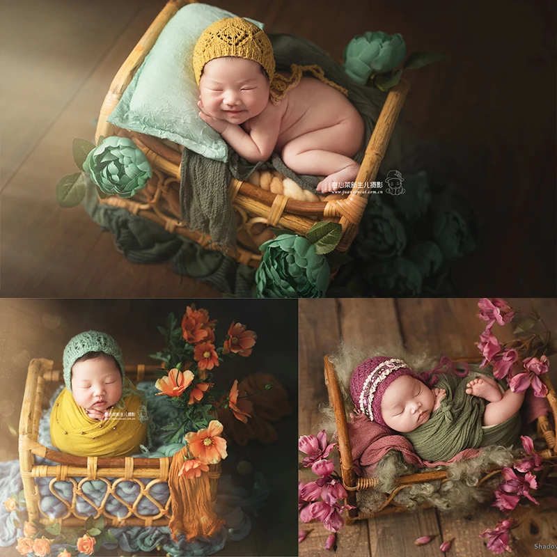 Handmade Newborn Photography Props Baby Infant Vintage Woven Basket Recién Nacido Boy And Girl Bamboo Baby Bed Photo Props