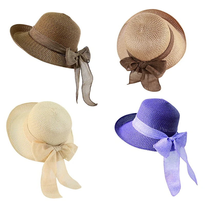 Шляпа от солнца Соломенная женская шляпа с большими полями и бантом складная