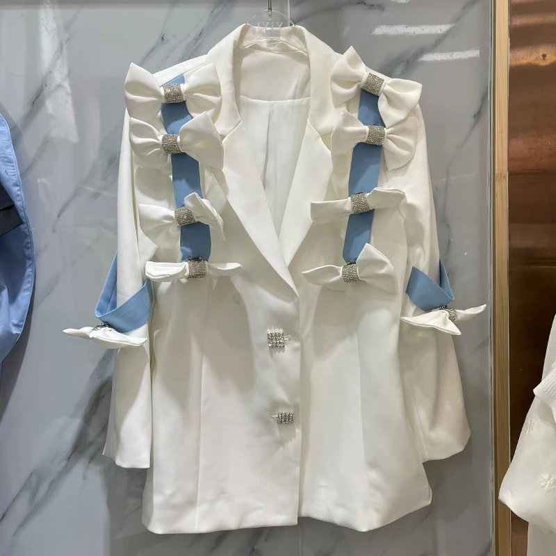 

Cute Rhinestones Studded Multi Detachable Bowknots Suit Blazer Women White Patchwork Hot-selling Blazer Jacket