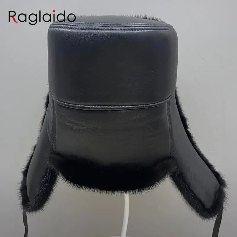 

Natural Mink Fur Hat Men Luxury Warm Adjustable Quality Sheepskin Winter Bomber Ushanka Trapper Hat