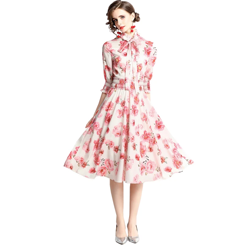 

2021 New Summer Fashion Designer Runway Middle Sleeve Dress Bow Collar Pink Floral-Print Elegant Vacation Midi Dresses Vestidos