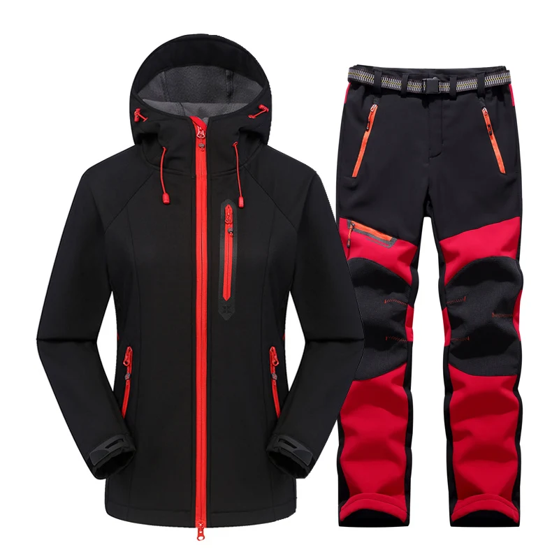 Waterproof Hiking Suit Women Outdoor Thermal Fleece Softshell Jacket And Pants Sets Trekking Camping Coat Climbing Ski Trousers saguaro men women hiking pants 2018 waterproof soft shell camping trekking thermal fleece lining warm ski trousers pants