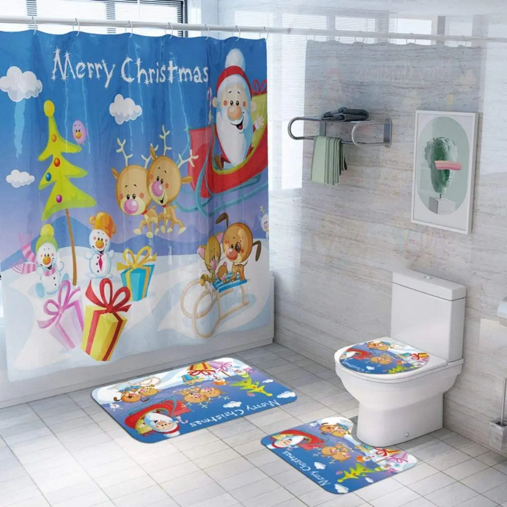 

Рождественский набор украшений для ванной комнаты, чехол на сиденье унитаза, ковер для душа, декор для ванной комнаты с Санта-Клаусом, олене...
