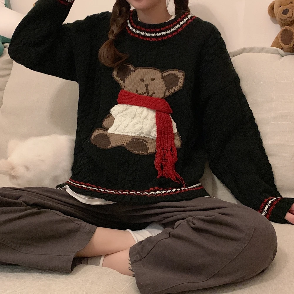 

New sweater women fall and winter wear lazy style bear pullover embroidery sweater college style loose tops