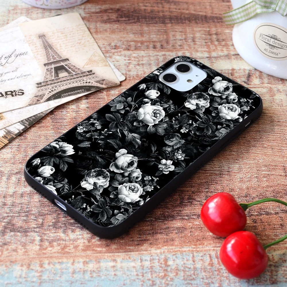 

For iPhone Roses Black and White Soft TPU Border Apple iPhone Case