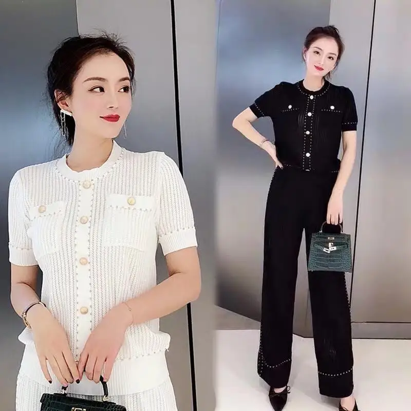 

Ladies New Summer Ice Silk Knit Suit Hollow Pendant Wide Leg Pants Fashion Temperament Pants Suit Two-piece Woman