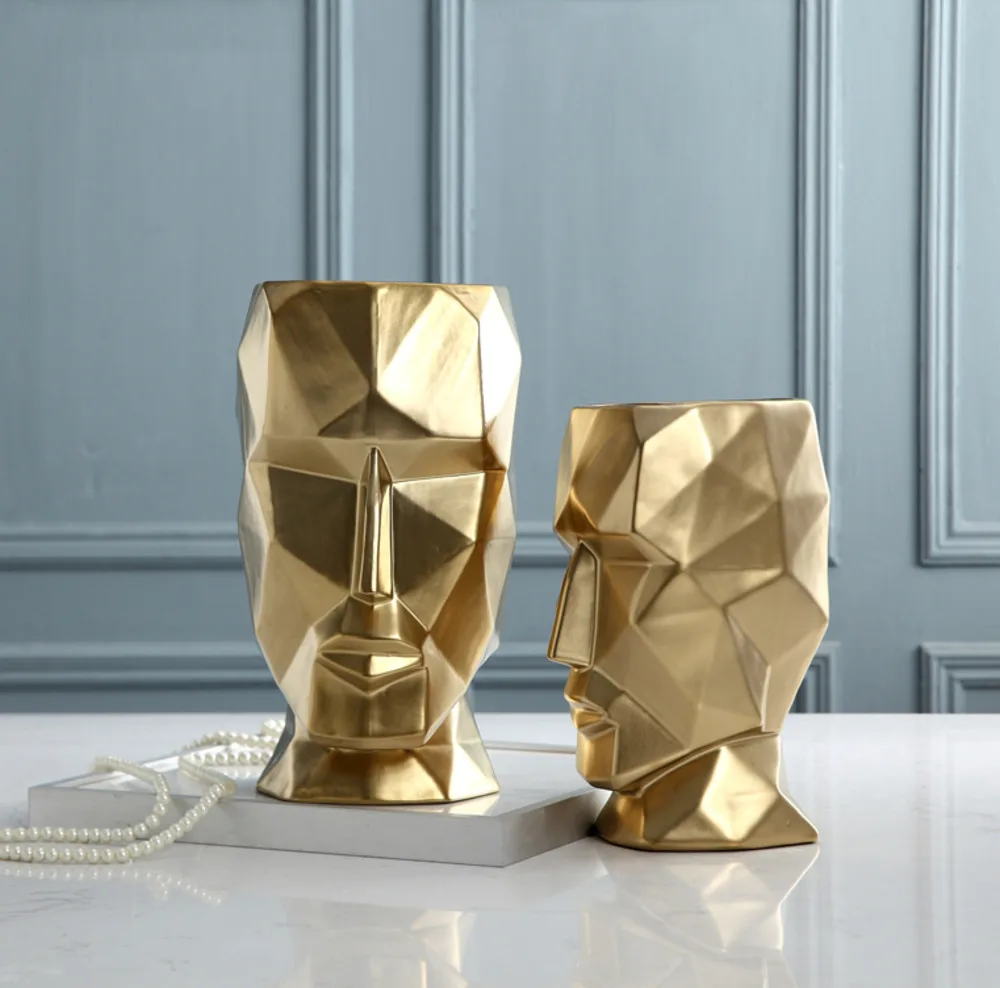 

Nordic Ceramics Vase Geometric Origami Abstract Golden Human Head Vases Flower Arrangement Crafts Figurines Home Decoration