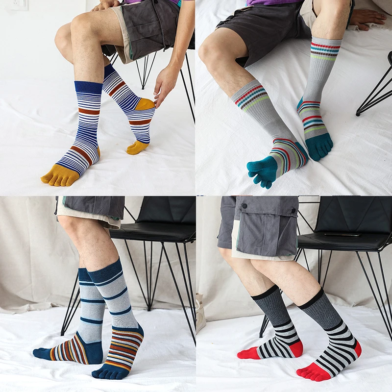 

Breathable Warm Tube Socks Mid-Calf Stripe Colorful Men Finger Socks Thicken Comfortable Five Toe Absorbs Sweat Toe Socks