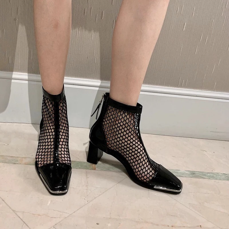 

Black Boots Women New Rock Shoes Summer Mesh Boots Fashion Back Zipper High Heel Ankle Boots Low Heel Shoes Damen Schuhe