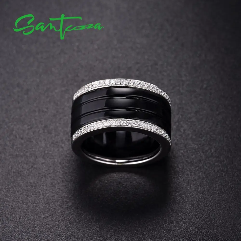 SANTUZZA, серебряные кольца для женщин, чистый 925 пробы, серебро, Круглый, белый, черный, керамика, кубический цирконий, простые, anillos, хорошее ювелирное изделие