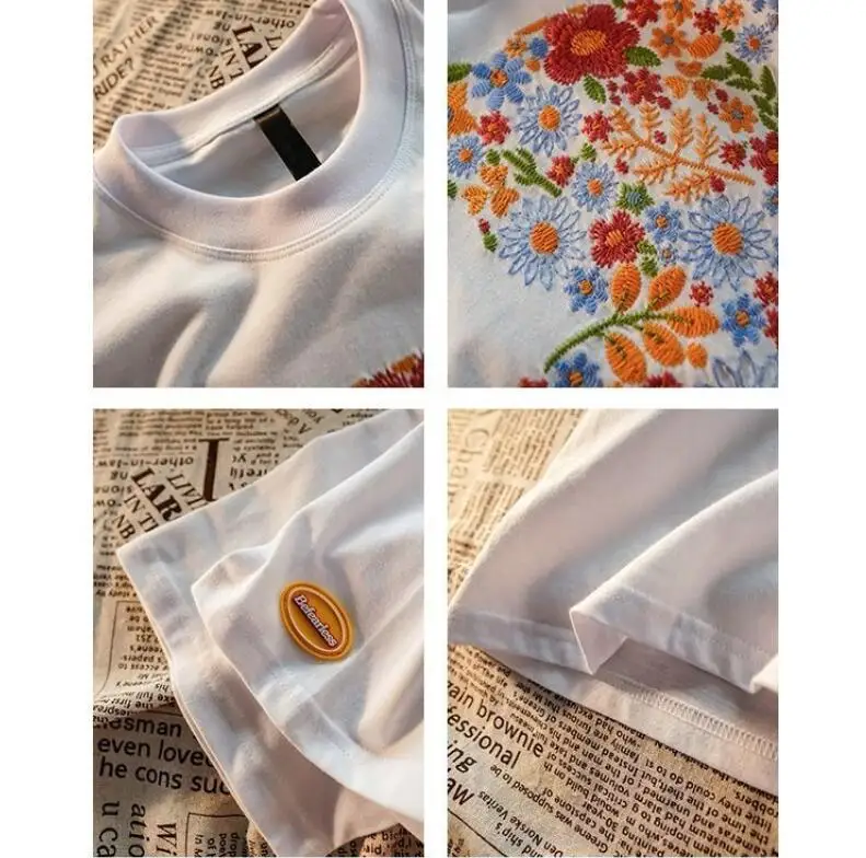 

S-5XL Plus Size Women Cotton Oversized T-shirts Couple Harajuku O-Neck Loose Tees Embroidered Plant Bear Half Sleeve Shirt Tops