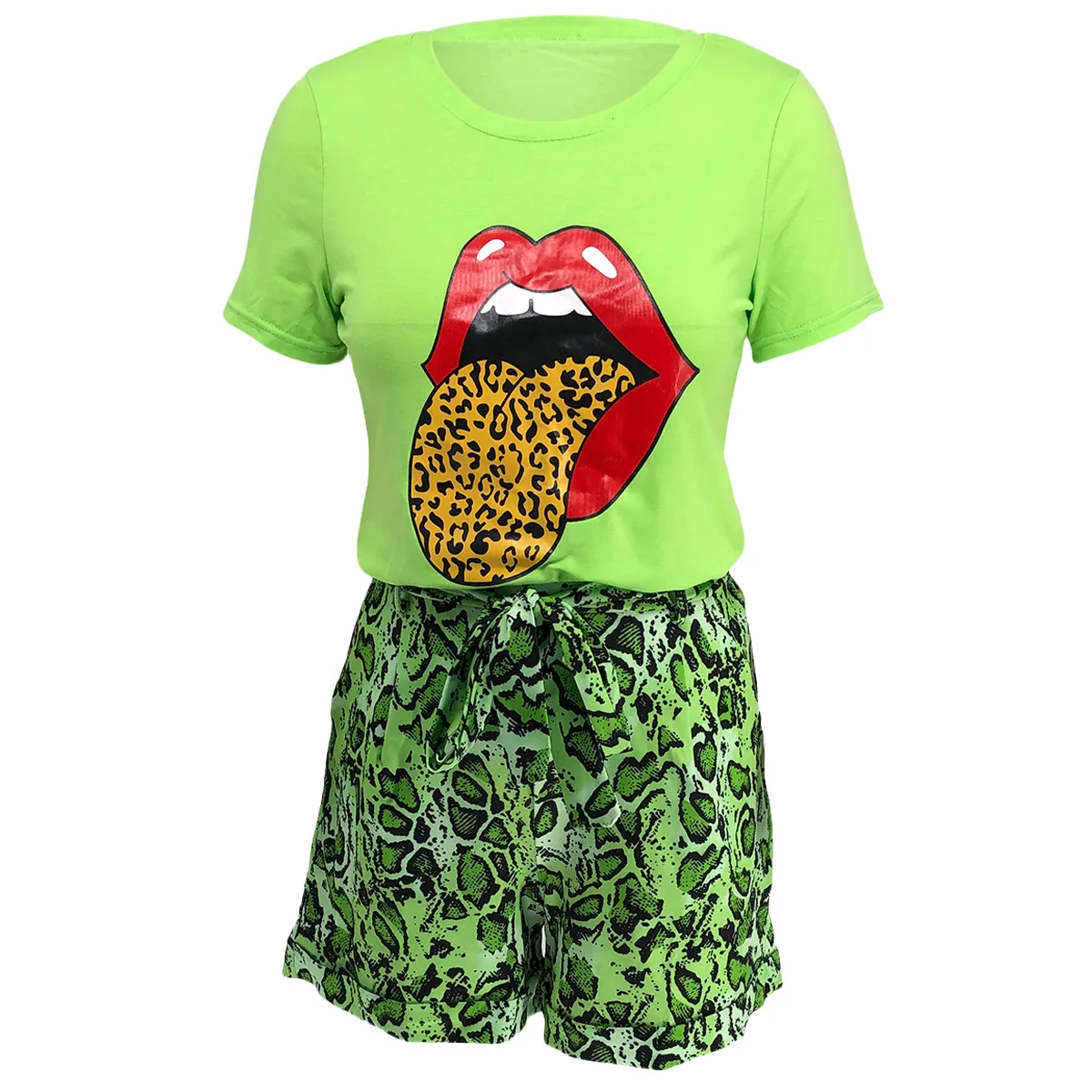 

HAOOHU 2020 women sport tracksuit lip print tee tops leopard shorts jogger pants suit two piece set matching set outfits